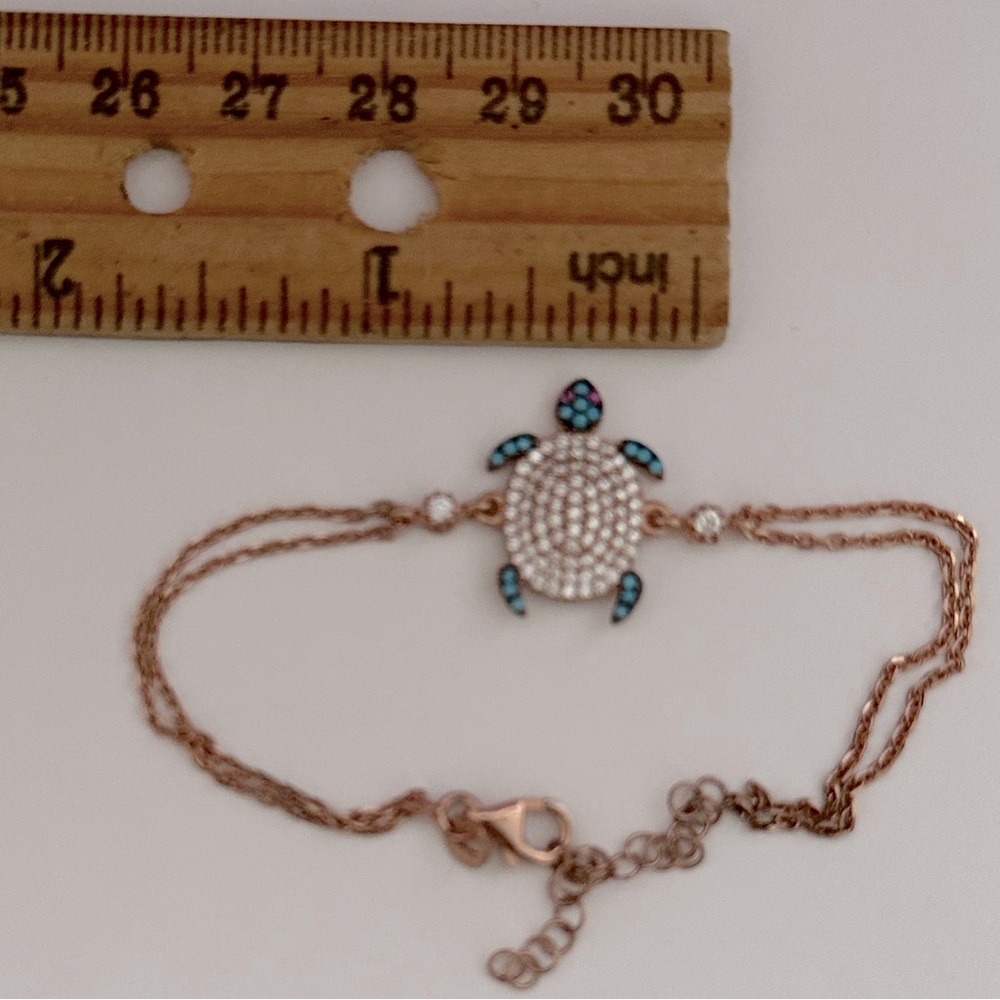 925 Silver turtle bracelet cz stones and turquoise 14k rose gold plated - Picture 2 of 3